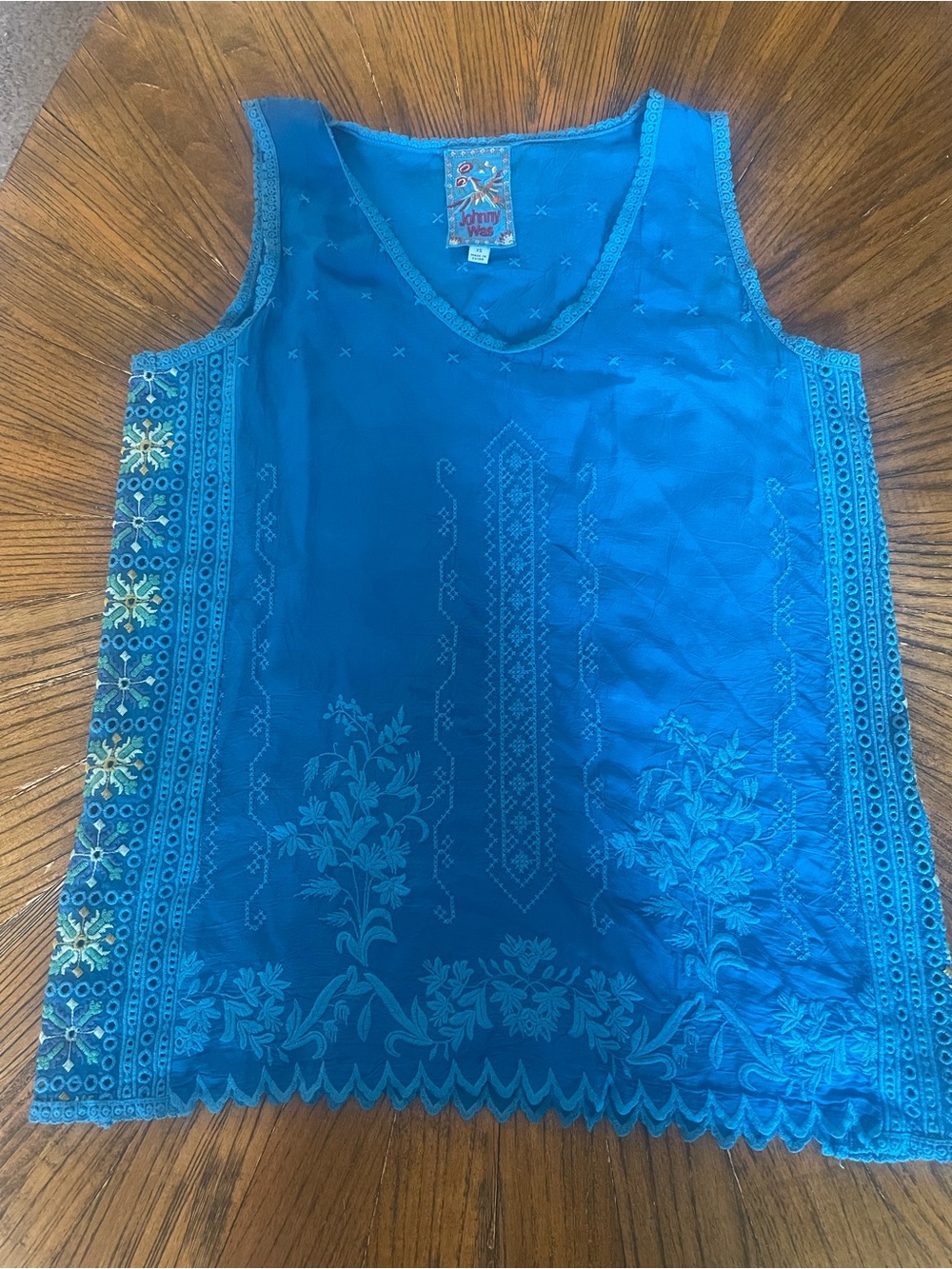 Johnny Was Turquoise Blue Embroidered V‑Neck Tank